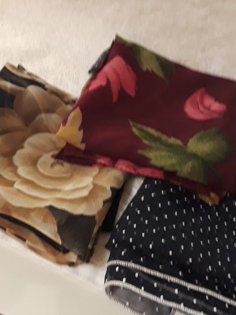 3 Scarves: Vintage 20x20 Neckerchief-Cejon Burgundy, Navy Polka Dot, Blk Floral - Picture 9 of 9